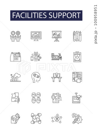 Facilities support line vector icons and signs. Support, Maintenance, Services, Infrastructure, Technical, Resources, Repair, Assistance outline vector illustration set Facilities support line vector icons and signs. Support, Maintenance, Services, Infrastructure, Technical, Resources, Repair, Assistance outline vector illustration set 100958951