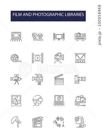 Film and photographic libraries line vector icons and signs. Photography, Library, Archive, Stock, Movies, Images, Digital, Videos outline vector illustration set 100958968