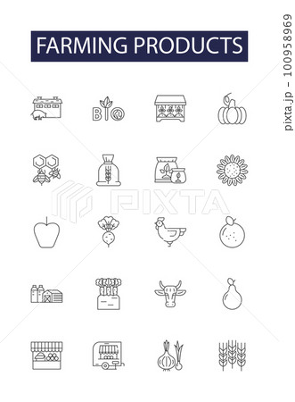 Farming products line vector icons and signs. Livestock, Fodder, Dairy, Poultry, Fertilizers, Seeds, Grain, Hay outline vector illustration set 100958969