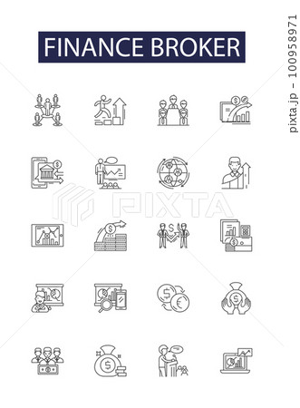 Finance broker line vector icons and signs. Broker, Investment, Banking, Consultancy, Advisory, Money, Credit, Mortgage outline vector illustration set 100958971