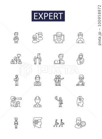 Expert line vector icons and signs. proficient, adroit, adept, masterful, savvy, knowledgeable, sage, erudite outline vector illustration set 100958972