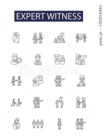 Expert witness line vector icons and signs. Witness, Testimony, Litigation, Evidence, Arbitration, Courtroom, Lawyer, Judge outline vector illustration set 100958981
