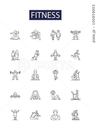 Fitness line vector icons and signs. Exercise, Training, Exercise, Endurance, Strength, Workout, Cardio, Gym outline vector illustration set 100959003