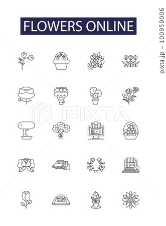 Flowers online line vector icons and signs. Blooms, Bouquet, Petals, Botanicals, Delivery, Garden, Rose, Online outline vector illustration set Flowers online line vector icons and signs. Blooms, Bouquet, Petals, Botanicals, Delivery, Garden, Rose, Online outline vector illustration set 100959006