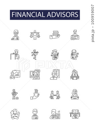 Financial advisors line vector icons and signs. Advisors, Investment, Estate, Planning, Wealth, Consultant, Risk, Retirement outline vector illustration set Financial advisors line vector icons and signs. Advisors, Investment, Estate, Planning, Wealth, Consultant, Risk, Retirement outline vector illustration set 100959007