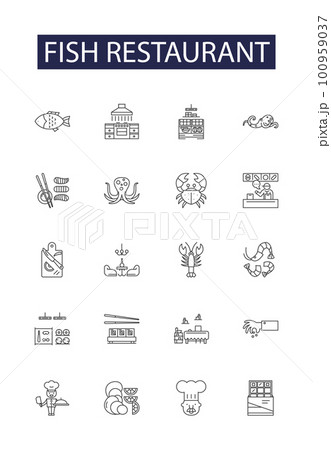 Fish restaurant line vector icons and signs. Restaurant, Seafood, Cuisine, Dining, Catch, Grill, Plate, Meal outline vector illustration set 100959037