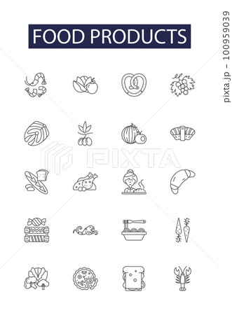 Food products line vector icons and signs. Dairy, Confection, Meats, Beverages, Grains, Frozen, Snacks, Oil outline vector illustration set Food products line vector icons and signs. Dairy, Confection, Meats, Beverages, Grains, Frozen, Snacks, Oil outline vector illustration set 100959039