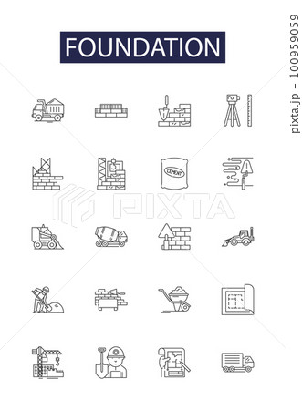 Foundation line vector icons and signs. Institution, Support, Vessel, Building, Platform, Origin, Idea, Crux outline vector illustration set 100959059