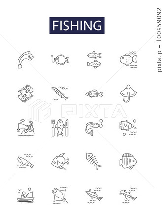 Fishing line vector icons and signs. Reeling, Casting, Trolling, Taungya, Gillnetting, Yoyo, Drift-Netting, Baiting outline vector illustration set 100959092