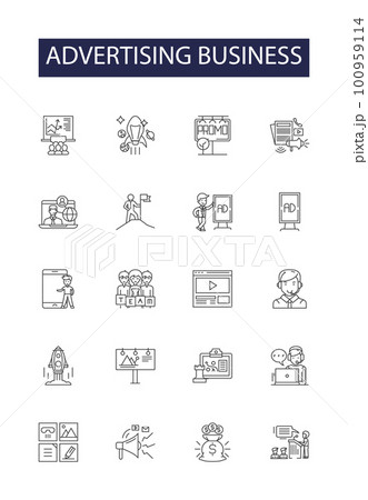 Advertising business line vector icons and signs. Sales, Media, Promotion, Merchandising, PR, Business, Branding, Placement outline vector illustration set Advertising business line vector icons and signs. Sales, Media, Promotion, Merchandising, PR, Business, Branding, Placement outline vector illustration set 100959114
