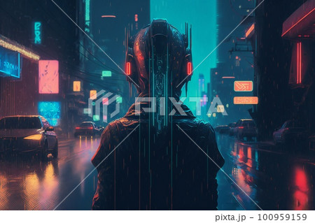 Night city alleyway cyberpunk scene with cyborg. AI generated illustration 100959159