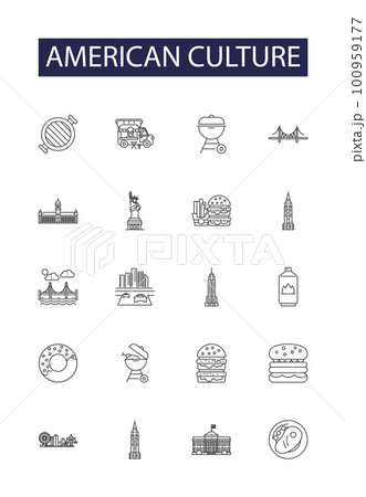 American culture line vector icons and signs. Culture, Heritage, Values, Traditions, Lifestyle, Language, Art, Music outline vector illustration set American culture line vector icons and signs. Culture, Heritage, Values, Traditions, Lifestyle, Language, Art, Music outline vector illustration set 100959177