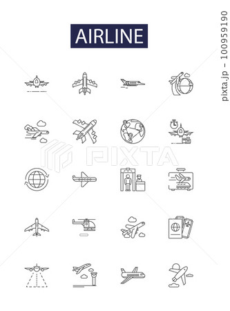 Airline line vector icons and signs. Flights, Airfare, Jets, Pilots, Baggage, Tickets, Jetset, Aviate outline vector illustration set Airline line vector icons and signs. Flights, Airfare, Jets, Pilots, Baggage, Tickets, Jetset, Aviate outline vector illustration set 100959190
