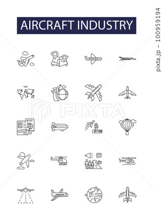 Aircraft industry line vector icons and signs. Aviation, Airplanes, Flying, Piloting, Jets, Fuselage, Propulsion, Propeller outline vector illustration set 100959194