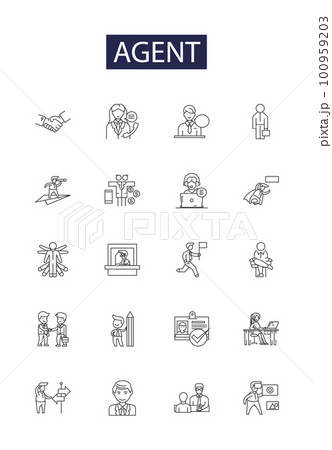 Agent line vector icons and signs. Broker, Handler, Advocate, Operator, Rep, Liaison, Intermediary, Delegate outline vector illustration set Agent line vector icons and signs. Broker, Handler, Advocate, Operator, Rep, Liaison, Intermediary, Delegate outline vector illustration set 100959203