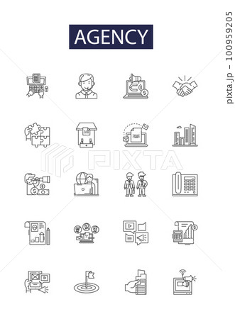 Agency line vector icons and signs. Firm, Bureau, Office, Group, Body, Authority, Service, Outfit outline vector illustration set Agency line vector icons and signs. Firm, Bureau, Office, Group, Body, Authority, Service, Outfit outline vector illustration set 100959205