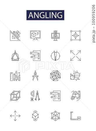 Angling line vector icons and signs. Casting, Angling, Trolling, Lure, Bait, Rod, Reel, Lake outline vector illustration set 100959206
