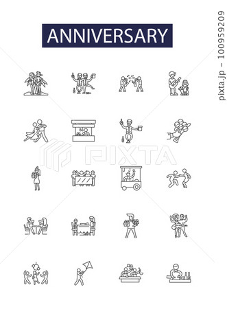 Anniversary line vector icons and signs. Commemoration, Milestone, Remembrance, Jubilee, Reunion, Homage, Marker, Feat outline vector illustration set 100959209