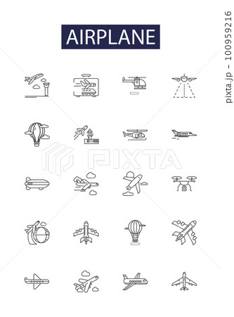 Airplane line vector icons and signs. Jet, Airline, Flight, Wing, Air, Plane, Pilot, Aero outline vector illustration set 100959216