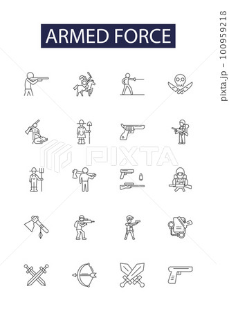 Armed force line vector icons and signs. Armies, Troops, Warriors, Soldiers, Regiment, Battalion, Brigades, Navy outline vector illustration set 100959218