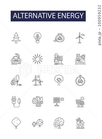 Alternative energy line vector icons and signs. Solar, Wind, Hydro, Geothermal, Biomass, Nuclear, Tidal, Ocean outline vector illustration set Alternative energy line vector icons and signs. Solar, Wind, Hydro, Geothermal, Biomass, Nuclear, Tidal, Ocean outline vector illustration set 100959232