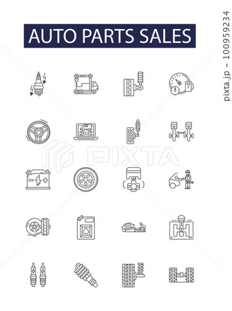 Auto parts sales line vector icons and signs. Parts, Sales, Car, Truck, Engine, Suspension, Accessories, Exhaust outline vector illustration set Auto parts sales line vector icons and signs. Parts, Sales, Car, Truck, Engine, Suspension, Accessories, Exhaust outline vector illustration set 100959234
