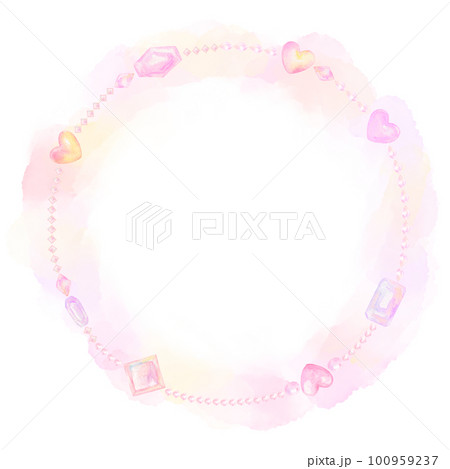ピンク色のハートと宝石が連なるネックレスフレーム。水彩絵の具で描いたイラスト。 ピンク色のハートと宝石が連なるネックレスフレーム。水彩絵の具で描いたイラスト。 100959237