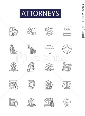 Attorneys line vector icons and signs. solicitor, counsel, barrister, attorney, advocate, litigator, practitioner, pleader outline vector illustration set 100959263