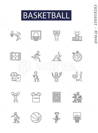 Basketball line vector icons and signs. Court, Shooting, Layup, Dunk, Run, Pass, Rebound, Jump outline vector illustration set Basketball line vector icons and signs. Court, Shooting, Layup, Dunk, Run, Pass, Rebound, Jump outline vector illustration set 100959283