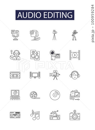Audio editing line vector icons and signs. Editing, Cut, Trim, Amplify, Fade, Mix, Compress, Normalize outline vector illustration set Audio editing line vector icons and signs. Editing, Cut, Trim, Amplify, Fade, Mix, Compress, Normalize outline vector illustration set 100959284