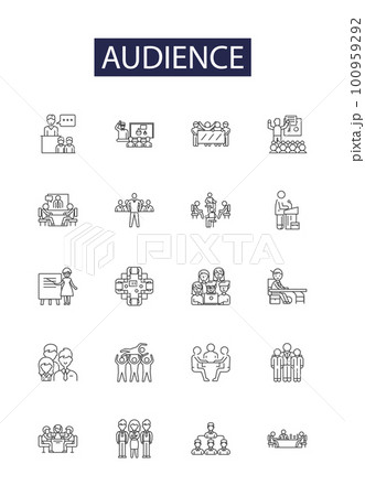 Audience line vector icons and signs. Viewers, Spectators, Clients, Consumers, Observers, Followers, Crowd, Participants outline vector illustration set 100959292