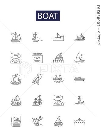 Boat line vector icons and signs. craft, vessel, dinghy, canoe, kayak, schooner, raft, sailboat outline vector illustration set 100959293