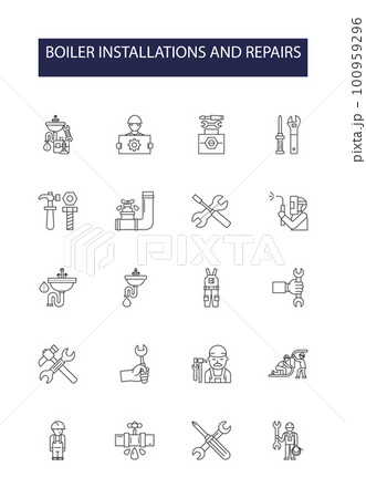 Boiler installations and repairs line vector icons and signs. Installations, Repairs, Services, Upgrades, Replacements, Maintenance, Inspections, System outline vector illustration set 100959296