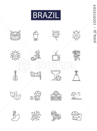 Brazil line vector icons and signs. Amazon, Rio, Carnival, Soccer, Favelas, Samba, Portuguese, Cerrado outline vector illustration set Brazil line vector icons and signs. Amazon, Rio, Carnival, Soccer, Favelas, Samba, Portuguese, Cerrado outline vector illustration set 100959364