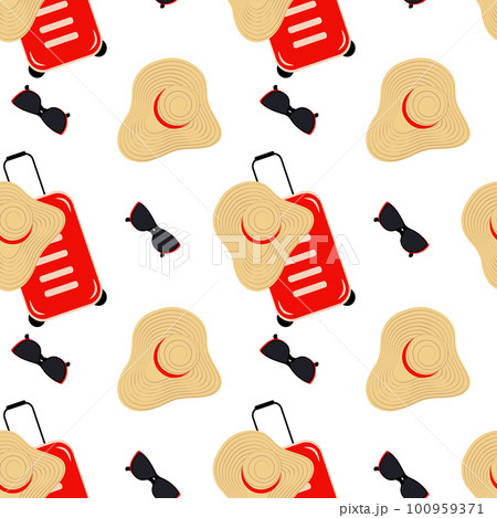 Seamless pattern of a travel suitcase, a wide brimmed hat and sunglasses on it in trendy bright hues Seamless pattern of a travel suitcase, a wide brimmed hat and sunglasses on it in trendy bright hues 100959371