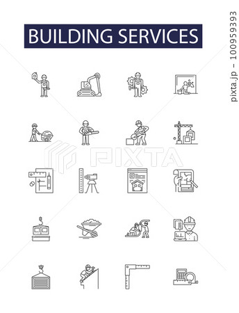 Building services line vector icons and signs. Design, Plumbing, Heating, Ventilation, Maintenance, Security, Lighting, Parking outline vector illustration set Building services line vector icons and signs. Design, Plumbing, Heating, Ventilation, Maintenance, Security, Lighting, Parking outline vector illustration set 100959393