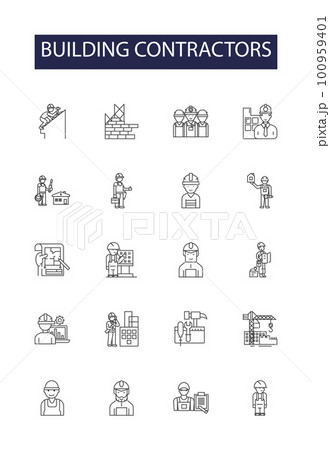 Building contractors line vector icons and signs. Masons, Carpenters, Electricians, Plumbers, Stonemasons, Surveyors, Bricklayers, Framers outline vector illustration set 100959401