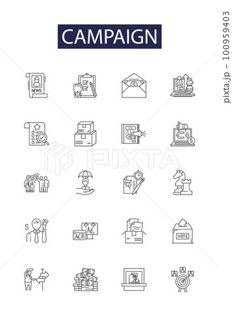 Campaign line vector icons and signs. Advertising, Promotion, Outreach, Drive, Rally, Lobby, March, Crusade outline vector illustration set 100959403