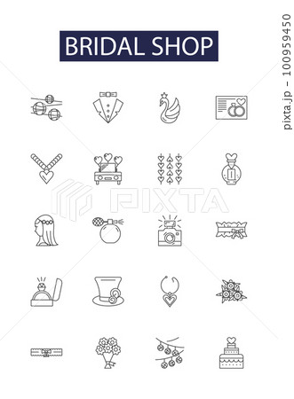 Bridal shop line vector icons and signs. bridal, store, wedding, dress, fashion, bride, gown,beautiful outline vector illustration set 100959450