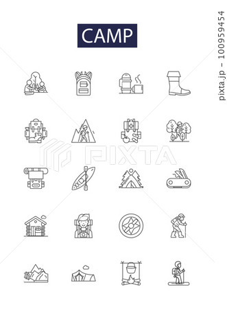 Camp line vector icons and signs. Outpost, Tent, Outing, Outdoors, Retreat, Wilderness, Holiday, Vacation outline vector illustration set Camp line vector icons and signs. Outpost, Tent, Outing, Outdoors, Retreat, Wilderness, Holiday, Vacation outline vector illustration set 100959454