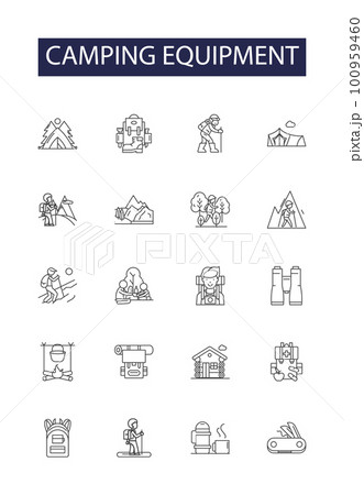 Camping equipment line vector icons and signs. Sleeping bag, Mat, Backpack, Camping stove, Lantern, Flashlight, Axe, Knife outline vector illustration set Camping equipment line vector icons and signs. Sleeping bag, Mat, Backpack, Camping stove, Lantern, Flashlight, Axe, Knife outline vector illustration set 100959460