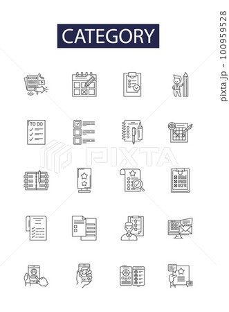 Category line vector icons and signs. Division, Type, Domain, Genre, Set, Group, Sort, Categorization outline vector illustration set Category line vector icons and signs. Division, Type, Domain, Genre, Set, Group, Sort, Categorization outline vector illustration set 100959528