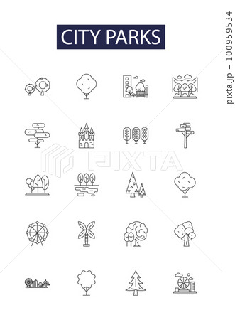 City parks line vector icons and signs. Parks, Recreation, Green, Spaces, Playground, Walking, City, Trees outline vector illustration set 100959534