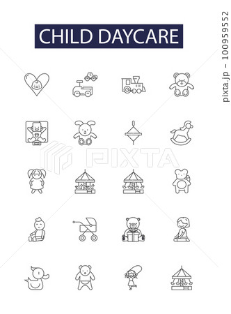 Child daycare line vector icons and signs. Childcare, Nursery, Preschool, Infant, Toddler, Babysitting, Kids, Early outline vector illustration set Child daycare line vector icons and signs. Childcare, Nursery, Preschool, Infant, Toddler, Babysitting, Kids, Early outline vector illustration set 100959552