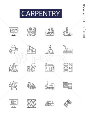 Carpentry line vector icons and signs. Woodworking, Joinery, Furniture-making, Cabinet-making, Moulding, Framing, Finishing, Shaping outline vector illustration set Carpentry line vector icons and signs. Woodworking, Joinery, Furniture-making, Cabinet-making, Moulding, Framing, Finishing, Shaping outline vector illustration set 100959556