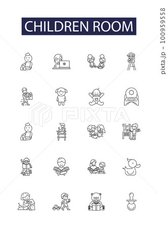 Children room line vector icons and signs. Room, Nursery, Playroom, Bedroom, Toy, Decor, Wall, Furniture outline vector illustration set Children room line vector icons and signs. Room, Nursery, Playroom, Bedroom, Toy, Decor, Wall, Furniture outline vector illustration set 100959558