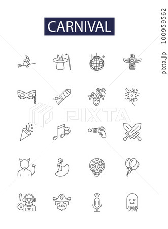 Carnival line vector icons and signs. Parade, Games, Joyful, Carnival, Thrills, Spectacle, Funfair, Extravaganza outline vector illustration set 100959562