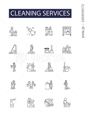Cleaning services line vector icons and signs. Dusting, Disinfecting, Vacuuming, Mopping, Degreasing, Organizing, Polishing, Pressure-washing outline vector illustration set 100959572