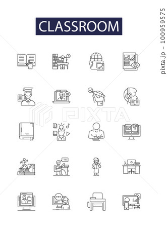 Classroom line vector icons and signs. Teaching, Chairs, Desks, Students, Board, Curriculum, Bell, Books outline vector illustration set Classroom line vector icons and signs. Teaching, Chairs, Desks, Students, Board, Curriculum, Bell, Books outline vector illustration set 100959575