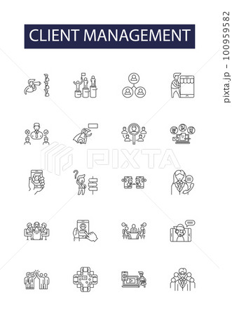 Client management line vector icons and signs. Management, Tracking, Registering, Recording, Scheduling, Reporting, Monitoring, Interacting outline vector illustration set 100959582